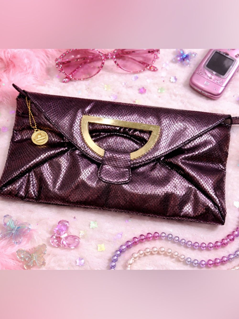 Big Buddha Metallic Snake Print Clutch Gold Handle Y2K Glam Evening Bag